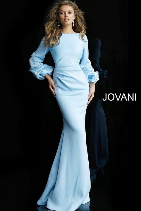 jovani Light Blue Long Sleeve Ruched Waist Evening Dress 63447 Winter Gowns Formal Long Sleeve, Spring Gowns Evening, Elegant Long Sleeve Formal Dress, Long Sleeve Long Dress Formal, Long Gown Elegant Classy, Long Sleeve Floor Length Dress, Long Sleeve Formal Gown, Chic Long Dress, Jovani Gown