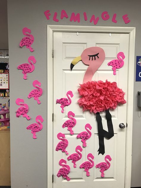 Flamingo bulletin board Flamingo Classroom Decorations, Flamingo Bulletin Board Ideas, Flamingo Classroom Door, Flamingo Teacher Appreciation, Aloha Classroom Door, Flamingo Bulletin Board, Flamingo Door Decoration, Kindness Door, Flamingo Window Display