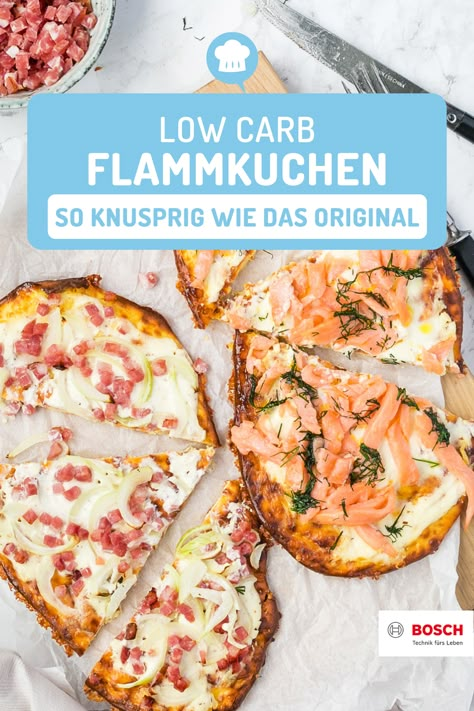 So knusprig und lecker wie das Original, aber ohne Kohlenhydrate ist dieser Low Carb Flammkuchen. Das Rezept mit zwei verschiedenen Belägen findest du hier! Low Carb Flammkuchen, Low Carb Dinner Recipes, Low Carb Recipes Dessert, Low Carb Desserts, Low Cal, Digestion Problems, Easy Food, I Love Food, Vegetable Pizza