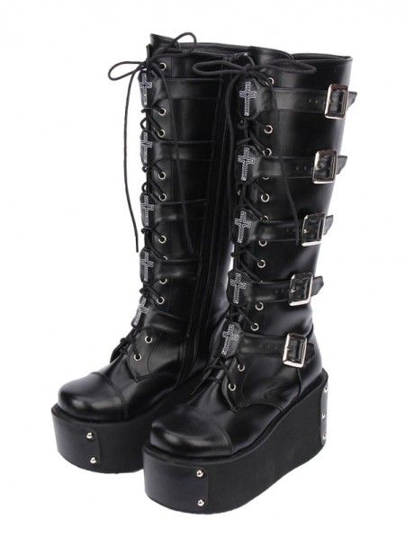 Black Gothic Punk Lace Up Cross Belt Platform Knee Boots #gothicshoes#gothicshoesboots#gothicgirlshoes#gothicpunkshoes#blackgothicshoes Punk Shoes, Platform Boots Chunky, Buy Boots, Pu Boots, Estilo Punk, Buckled Heels, Zipper Boots, Motorcycle Women, Comfortable Boots