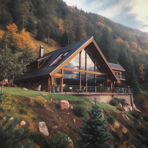 Modern Woodland House, Modern Mountain Home Exterior Architecture, Italian Mountain Homes, Wooden House In The Forest, Wooden Mountain House, Modern Mountain Cabin Exterior, Modern Home In Woods, Dream House Forest, Rustic Mountain Home Exterior