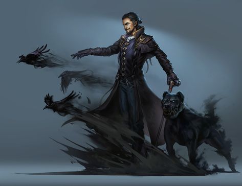 Raven Dnd Character, Businessman Art Character, Modern Necromancer, Dnd Warlock Character Design, Genie Warlock, Warlock Oc, Warlock Character Design, Shadow Raven, Witch And Warlock