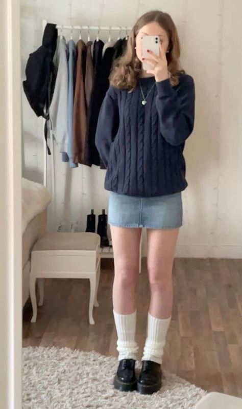 Jean Skirt Outfits Ideas, Fall Outfits Jean Skirt, Downtown Autumn Outfits, Rom Com Aesthetic Outfits, Downtown Girl Fall Outfits, Skirt With Long Socks, Rory Gilmore Style Outfits, Jean Skirt Outfit Ideas, Long Socks Outfit