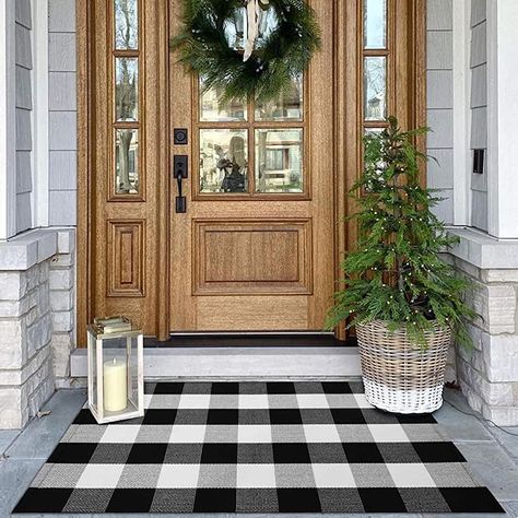 Amazon.com: farmhouse entryway Patio Bathroom, Front Door Mat Indoor, Porch Kitchen, Plaid Area Rug, White Porch, Striped Carpets, Plaid Rug, Farmhouse Entryway, Porch Rug