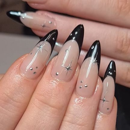 HEXE on Instagram: "Little witchy set On the lovely @gemma_armstrong_ This is my favourite shape of XTENSIONS . . Products @nailorder medium stilleto @sissiofficial_ gel polish @cjp_nail_systems_official act natural . . #glasgownails #nailartist #xtensions #nailsalon #nailart #blackfrenchnails #frenchtips #witchvibes #witchnails #flarestars #altgirls #alternativenails #girlgangnails #nailtechuk #nailtechcheck #freehandnails #nailsarelife" Simple Witchy Nails Almond, Almond Elegant Nails, Simple Witchy Nails, Witchy Nails Almond, Nails Witchy, Black French Nails, Gothic People, Witch Nails, Witchy Nails