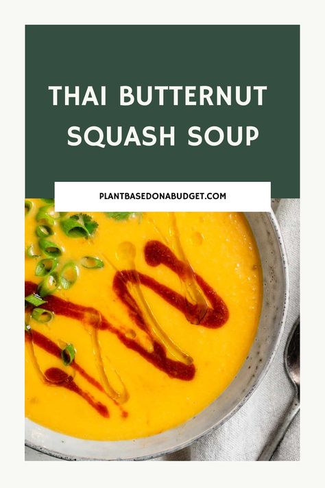 This Thai Butternut Squash Soup is so delicious! It’s incredibly flavorful and also very simple to make. Enjoy! Thai Butternut Squash Soup, Thai Vegan, Vegan Butternut Squash Soup, Vegan Butternut Squash, Vegan Christmas Recipes, Spicy Soup, Plant Based Dinner, Vegan Soup Recipes, Vegan Lunches