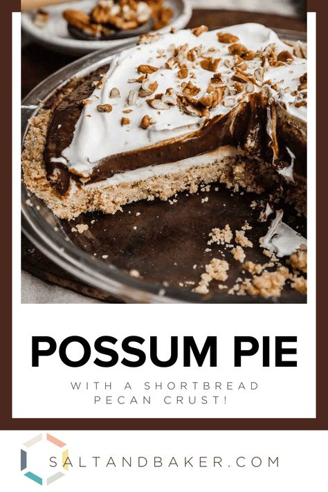 Indulge in the decadence of our Arkansas Possum Pie, a heavenly dessert with layers of shortbread pecan crust, creamy cheesecake, rich chocolate pudding, and fluffy whipped cream. Perfect for special occasions or any sweet craving! Get the recipe now and make your taste buds dance with delight. #DessertRecipes #SouthernClassic #HomemadePie #SweetTreats Arkansas Possum Pie, Pecan Crust Recipe, Possum Pie, Popular Pies, Shortbread Cookie Crust, Pecan Pie Crust, Dark Chocolate Recipes, Pecan Crust, Dump Cakes