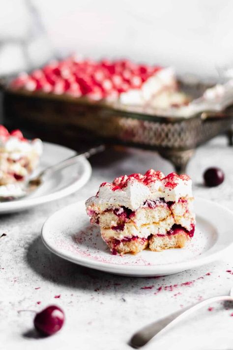 Almond Tiramisu, Almond Liquor, Cream Cheese Puffs, Cream Cheese Puff Pastry, Cherry Compote, Fruit Pastries, Cherry Filling, Mascarpone Cream, Blueberry Lemon Cake