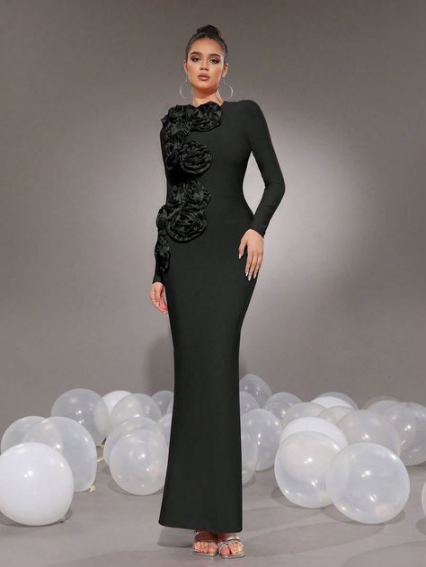 2024 New 3D Floral Decor Round Neck Mermaid Bandage Dress, Bridesmaid Gown For Women, Formal Evening Party Dress,Wedding Event Dress Black Elegant  Sleeveless Knitted Fabric Colorblock,Plain,Plants Bodycon High Stretch  Weddings & Events, size features are:Bust: ,Length: ,Sleeve Length: Formal Gowns For Women, Black High Neck Dress, High Neck Evening Gown, High Neck Black Dress, Wedding Event Dresses, Dinner Gowns, Party Dress Wedding, Gown For Women, 파티 드레스