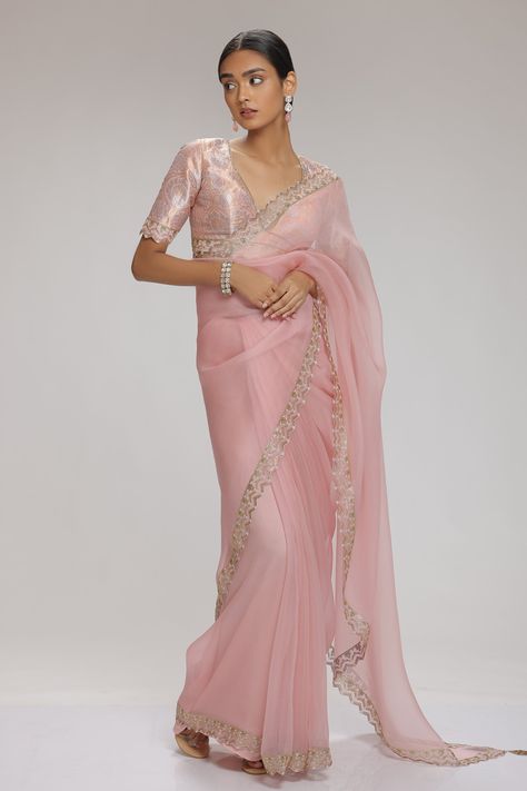 Shop for Chhaya Mehrotra Pink Embellished Saree With Blouse for Women Online at Aza Fashions Organza Saree Blouse Designs Latest, Organza Blouse Designs, Organza Saree Blouse Designs, Baby Pink Saree, Pink Saree Blouse, Embellished Saree, Pink Blouse Designs, Saree Organza, Unique Bridesmaid Dresses