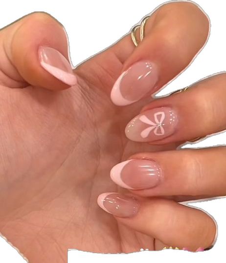 White Almond French Tip Nails With Design Pink, Pink French Tip With Bow, French Tip Acrylics, Aurora Nails, Short Almond Nails, Light Pink Shorts, White French Tip, Blush Nails, Pink Bows