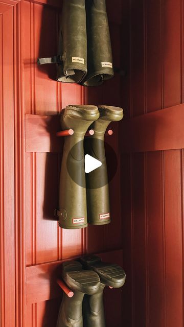 Pantry Hill on Instagram: "Wellie weather. ✨🍂🍁 My father-in-law built this boot room for us four years ago and we added this rack, which saves so much floor space during boot season. It’s just simple wooden dowels screwed directly into the trim. We used longer dowels for the bigger boots, to ensure none come tumbling down on little heads. 🤎" Diy Welly Rack, Winter Boot Storage, Boots Storage Ideas, Wellie Storage, Pantry Hill, Modern Spanish Revival, Boot Holder, Boot Brush, White Molding