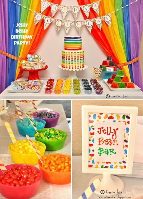 Rainbow Jelly Bean Birthday Party - DIY ideas on decorations, printables, food, favors and games for kids celebrations any age! #jellybeans #candyparty #rainbowparty #candybirthday #rainbowbirthday 4de Verjaardag, Desserts Table, Rainbow Themed Birthday Party, Wiggles Birthday, Painting Birthday Party, Gummi Bears, Rainbow Party Decorations, Rainbow Parties, Candy Birthday Party