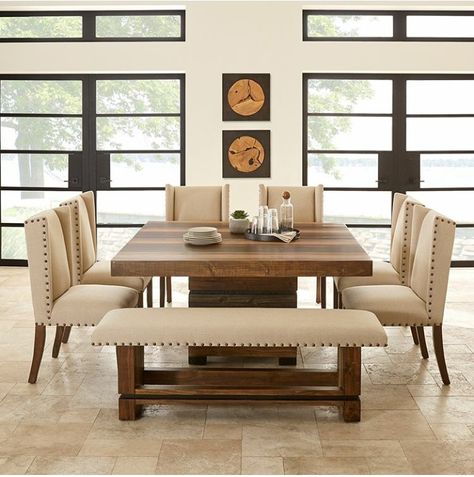 Havenly Dining Room, Square Dining Table Set, Rustic Dining Room Sets, Square Dining Room Table, Contemporary Dining Room Tables, Table With Bench, Cindy Crawford Home, Chic House, Brown Dining Table