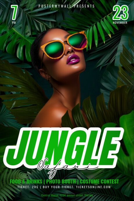 Green Maximalist 3d Jungle Safari Themed Party Poster | PosterMyWall Green Flyer Design, Safari Themed Party, Party Flyer Design, Linkedin Background Image, Tropical Poster, Linkedin Background, Kindle Book Cover, Safari Theme Party, Campaign Posters