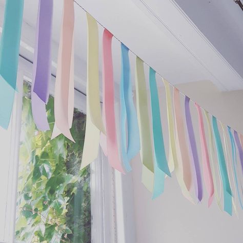 Pastel ribbon bunting Pastel Party Decorations Diy, Ribbon Bunting, Pastel Party Decorations, Pastel Birthday, Pastel Party, Candle Sticks, Diy Garland, Vintage Bottles, Diy Party Decorations