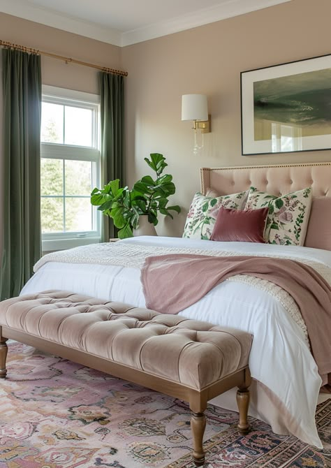 Transform your bedroom into a vibrant and soothing sanctuary with these 34 stunning green and pink design ideas! From bold, modern styles to soft, romantic touches, discover the perfect blend of these beautiful hues to create a cozy and stylish retreat. Whether you prefer lush botanical themes, chic pastel accents, or playful patterns, find inspiration to refresh your space with these gorgeous color combinations. 💚💖 Pink And Green Guest Bedroom, Wayfair Bedroom Ideas, Pink Accent Bedroom, Bedroom With Pink Accents, Pink Guest Bedroom, Modern Romantic Bedroom, Botanical Bedroom Ideas, Pink And Green Bedroom Ideas, Luxury Guest Bedroom