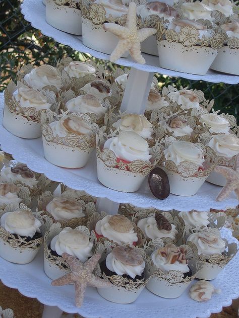 nautical+theme+cupcake+wedding+cakes | Seashell Wedding Cupcakes | Flickr - Photo Sharing! Coastal Cupcakes, Beach Wedding Cupcakes, Frost Cake, Seashell Cupcakes, Chocolate Seashells, Beach Theme Cupcakes, Nautical Wedding Cakes, Beach Cupcakes, Beach Theme Wedding Cakes