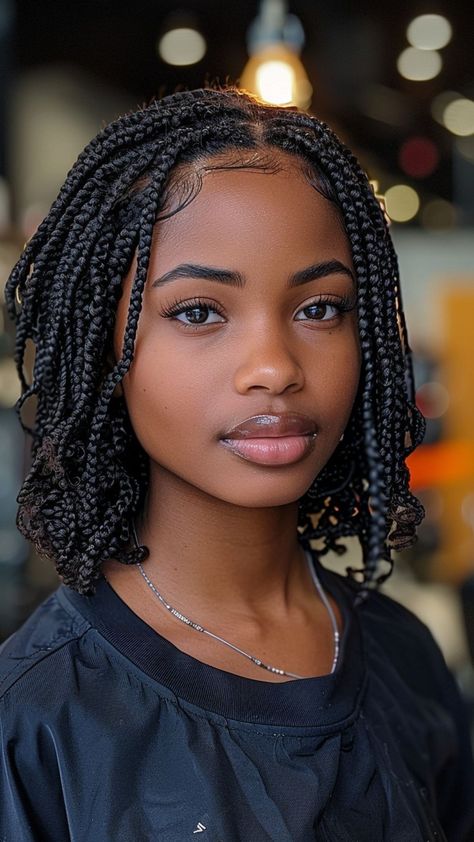 20 Box Braids Hairstyles with Irresistible Curly Ends Short Hairstyle Black Woman Braids, Box Face Hairstyles, Short Braids For Black Hair, Shoulder Length Hairstyles For Black Women, Short Box Braids For Black Women, Braids Shoulder Length, Short Medium Box Braids, Short Black Hairstyles Braids, Shoulder Length Braids With Curly Ends