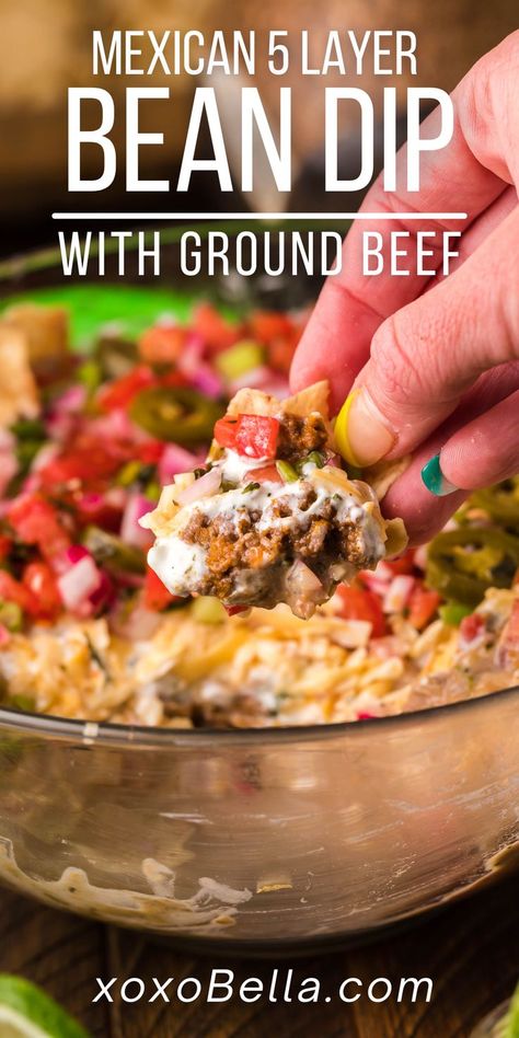 5 Layer Bean Dip with Ground Beef Beef And Bean Dip, Taco Bean Dip Layered, 5 Layer Dip Mexican Ground Beef, South Of The Border Dip, 7 Layer Dip With Ground Beef, Bean Dip With Ground Beef, Bean Dip 7 Layer, 5 Layer Bean Dip, Taco Dip With Ground Beef