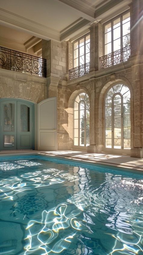 Swimming Pool In The Middle Of The House, Elegant House Aesthetic, Old Money Pool, French House Aesthetic, Weird Houses, Interesting Houses, Old Money House, Dream House Aesthetic, Beach Mansion