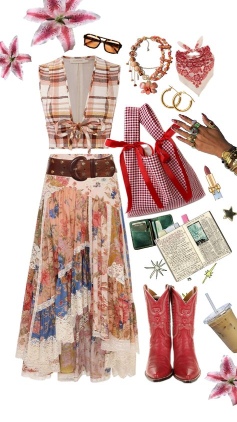 Maximalist Boho Flower Cottage Picnic Outfit Cottage Picnic, Kimya Dawson, Boho Maximalism, Maximalist Outfit, Maximalist Outfits, Maximalist Boho, Other Aesthetic, Picnic Outfit, Weird Girl