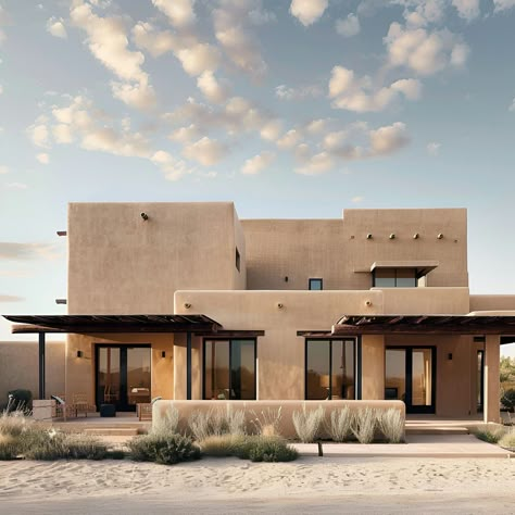 Experience the timeless elegance of Southwestern architecture with this modern minimalist Pueblo-style home. Featuring smooth adobe walls, flat roofs, and large windows, it blends tradition with modernity. Set against a picturesque desert backdrop, this residence offers a bright, airy living space with a serene, inviting atmosphere. The thoughtful landscaping and neutral color palette create a harmonious connection to its natural surroundings, exemplifying understated elegance. Dessert House Exterior, Modern Desert Architecture, Desert Oasis Architecture, Modern Traditional Architecture, Adobe Style Homes Exterior, Desert Homes Exterior Arizona, Arizona House Aesthetic, Modern Desert Home Exterior, Pueblo Style Homes