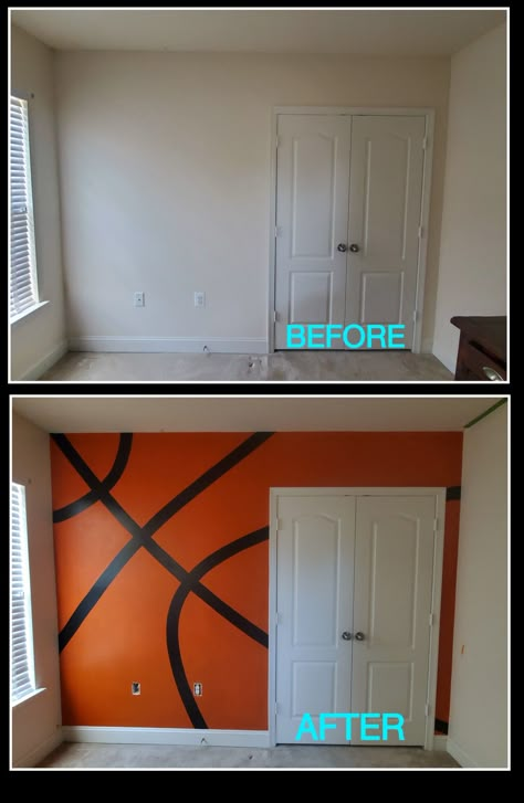 Basketball painted wall mural. Turned my son's bedroom wall into a basketball wall... Y'all Diy Basketball Bedroom Ideas, Basketball Mural Bedroom, Basketball Wall Art Diy, Basketball Wall Painting, Bedroom Basketball Ideas, Basketball Accent Wall, Basketball Gaming Room, Diy Basketball Lamp, Nba Bedroom Ideas