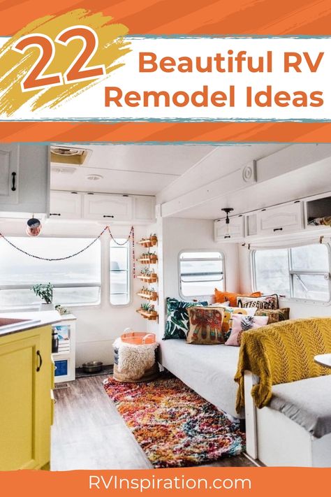 Sometimes RVs need face-lifts. We’re not referring to just old models, either. Even RVs bought straight off the dealer lot need some remodeling to make them feel like home. Let’s take a look at 22 beautiful RV remodel ideas that you can incorporate in your travel trailer, fifth wheel, motorhome, or camper van. Not only will these remodel ideas make your RV feel homey, but they’ll also create a more functional space so that you can better enjoy your travels. #rvremodel #rvdecorating Streamer Diy, Rv Newbies, Rv Hacks Travel Trailers, Rv Remodel Ideas, Rv Models, Rv Inspiration, Dining Booth, Interior Light Fixtures, Camper Reno