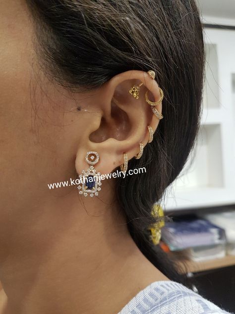 Light Weight Diamond Earrings Indian Helix Earring, Traditional Indian Ear Piercing, Bugadi Ear Piercing, Second Stud Earrings Indian, Second Tops Earrings Gold, Indian Ear Piercing, Upper Earrings, Pearcing Ideas, Top Ear Piercing