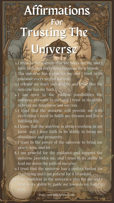 Affirmations For Trusting The Universe Trusting The Universe, Universe Quotes Spirituality, Manifestation Affirmation, Universe Quotes, Alan Watts, Healing Affirmations, Energy Healing Spirituality, Affirmations For Happiness, Spiritual Manifestation