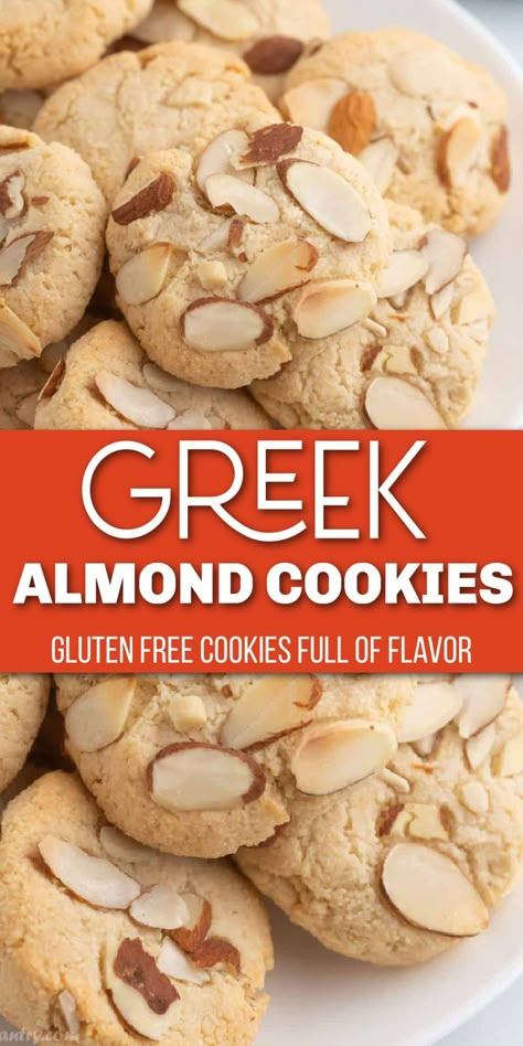 Small round cookies with sliced almonds with Pinterest overlay. Greek Almond Crescent Cookies, Spanish Almond Cookies, Almond Wafer Cookies, Gluten Free Almond Cookies Recipe, Greek Recipes Gluten Free, Mediterranean Diet Sweet Treats, Sicilian Almond Cookies Recipes, Mediterranean Diet Cookies, Greek Cookie Recipes