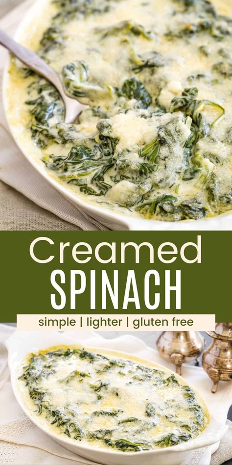 Try Creamed Spinach the next time you need a quick vegetable side dish! It's easy, rich, and so flavorful with lots of baby spinach, Parmesan and cream cheeses, and a pinch of nutmeg. It's naturally gluten free and lighter than other recipes for this classic side! Spinach Deep Recipe, Gluten Free Creamed Spinach, Recipes With Baby Spinach, Spinach And Cheese Recipes, Baked Creamed Spinach, Steakhouse Creamed Spinach Recipe, Steakhouse Creamed Spinach, Easy Creamed Spinach, Cream Of Spinach