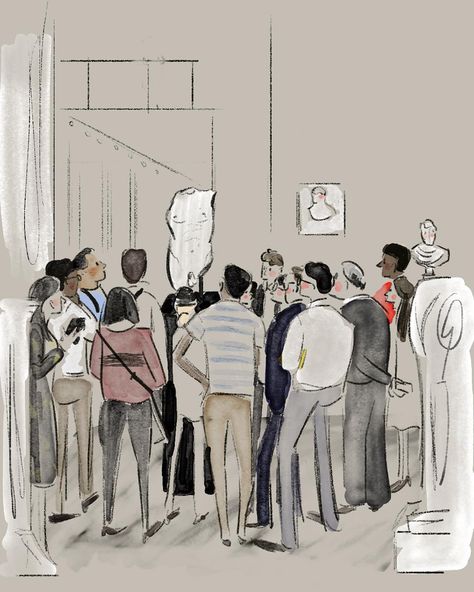 The Main Attraction. A crowd gathers to examine Apollo's torso. #artoftheday #illustration #sketch #watercolor #pastel #metmuseum #nyc… Crowds Illustration, Crowd Sketch, Crowd Illustration, Crowd Drawing, Sketch Watercolor, Comic Tutorial, Main Attraction, Art Day, Fashion Illustration