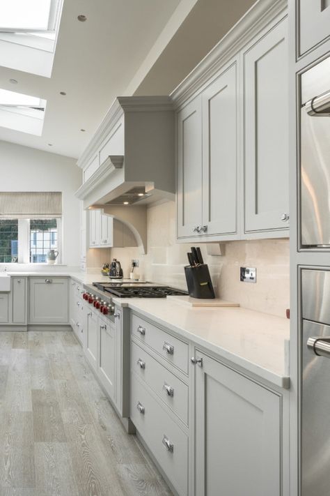 French Grey Kitchen Cabinets, French Grey Kitchen, Little Greene French Grey, Light Grey Shaker Kitchen, Modern Shaker Kitchen, Living Room Panelling, Kitchen Design Color, Shaker Style Kitchens, Open Plan Kitchen Living Room