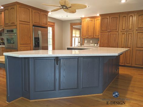 The 4 Best Paint Colours for a Kitchen Island OR Lower Cabinets Navy Blue Paint Colors, Painted Kitchen Island, Painted Island, Green Kitchen Island, Blue Kitchen Island, Honey Oak Cabinets, Navy Blue Kitchen, Decorative Molding, Painted Kitchen Cabinets Colors