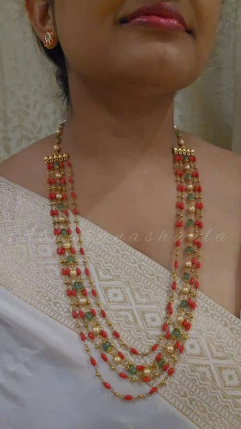 Coral Beads and Pearl Imitation Haram From 'Abharanashaala' • South India Jewels Coral Beads Jewellery Indian, Gold Long Haram Designs, Coral Beads Jewellery, Beads Jewelry Indian Gold, Chandra Haram, Pearl Haram, Rani Har, Beads Haram, Jadau Jewellery