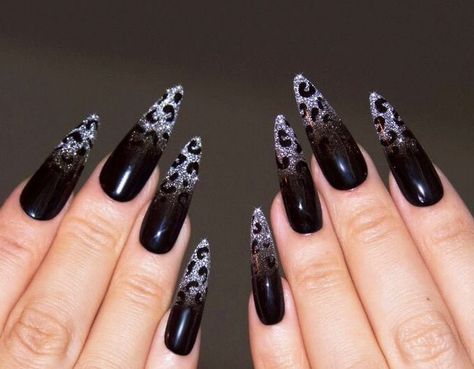 Black And Silver Leopard Nails, Black Red Glitter Nails, All Black Nail Designs, Black Rhinestone Nail Designs, Silver Leopard Nails, Black Crystal Nails, Black And Silver Acrylic Nails, Black Leopard Print Nails, Black Leopard Nails