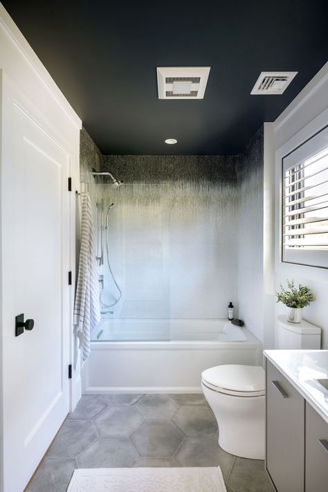 Innovative Solutions for Tile Installation | 2020 Farmhouse in Fairfield County - This Old House Bathroom Ceiling Paint, White Shower Tile, Ceiling Paint, Grey Ceiling, White Tub, Bathroom Paint, Bathroom Paint Colors, Colored Ceiling, Bathroom Ceiling