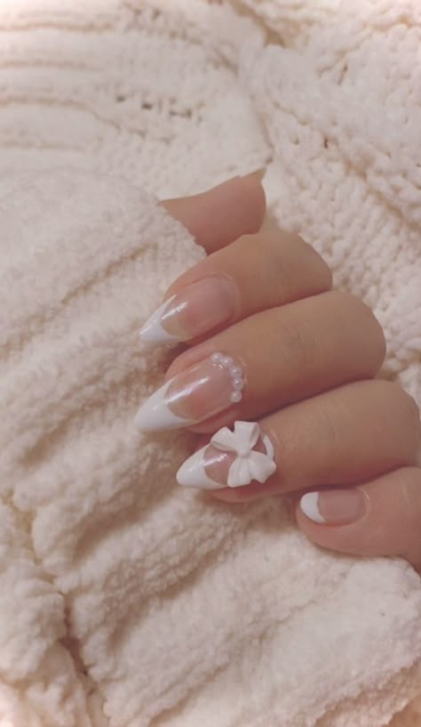 French tip nail design, french nails, french tips, bow, bow nails, pearl decals, pearl nails, nail inspo, nail art, soft aesthetic, glitter nails, chrome nails, wedding nails, cute nails Nail Art Designs 2023, Home Nail Art, Bow Nail Designs, Pearl Nail Art, Nail Art Acrylic, Bridal Nail Art, French Tip Nail Designs, Romantic Nails, Nail Art At Home