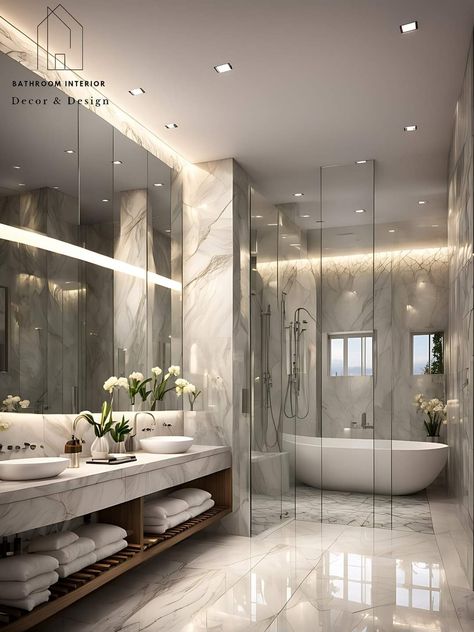 Luxury Master Bathrooms 2024, Long Bathroom Ideas, Elegant Bathroom Luxury Modern, Fancy Bathroom Luxury, Dream Bathrooms Luxury Master Bath, Long Bathrooms Ideas, High End Bathroom Design Luxury, Modern Mansion Bathroom, Bathrooms Luxury Modern