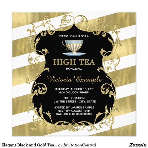 Gold Tea Party, Tea Party Card, High Tea Invitations, Black And Gold Background, Fruit Birthday Party, Bridal Tea Party, Gold Tea, High Tea Party, Tea Party Invitations