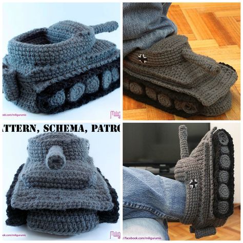 The Tank Slippers look so cool and creative. They could be a very special gift, especially for Tank enthusiasts. Panzer Tank, Slippers Crochet, Crochet Clothing And Accessories, Crochet Socks, Slippers Pattern, Crochet Tank, Fun Crochet Projects, 웃긴 사진, Crochet Bear