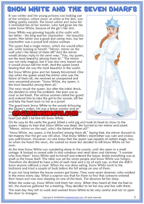 Snow White and the Seven Dwarfs ESL Reading Text Worksheet For Kids Snow White Story Book, Snow White Story, English Corner, Esl Reading, English Stories For Kids, Reading Comprehension Lessons, Moral Stories For Kids, Worksheet For Kids, Canvas Learning