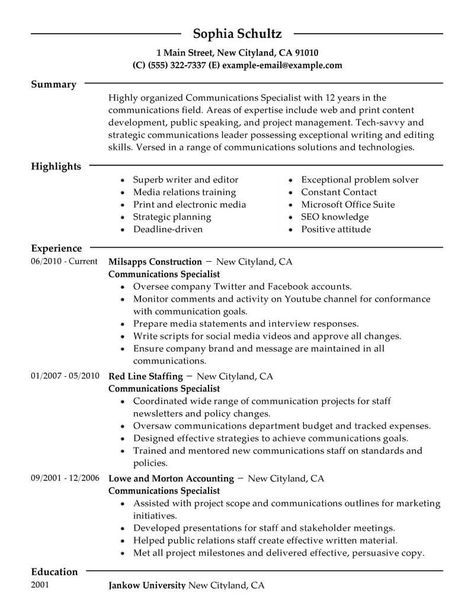 Best Communications Specialist Resume Example | LiveCareer Communication Resume, Security Resume, Retail Resume, Resume Profile, Job Resume Samples, Marketing Resume, Good Resume Examples, Interview Prep, One Page Resume