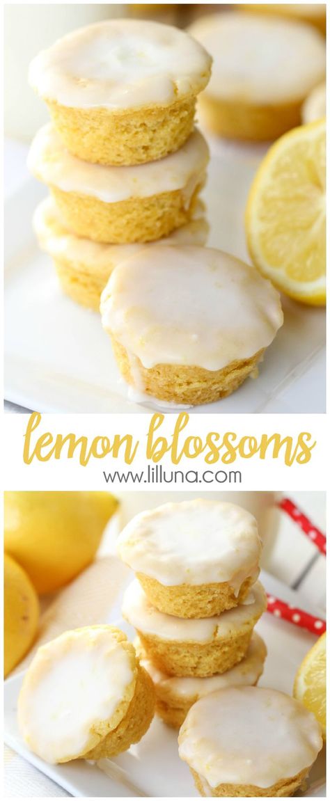 Lemon Blossoms - a delicious bite-size lemon treat with homemade glaze on top. SO addicting and yummy! { lilluna.com } Lemon Finger Desserts, Easy Dessert Recipes Finger Food, Mini Lemon Bar Bites, Dessert Table Recipes Easy, Best Finger Foods For Parties Dessert, Lemon Cups Recipe, Party Finger Desserts, Lemon Finger Foods, Tiny Desserts Easy