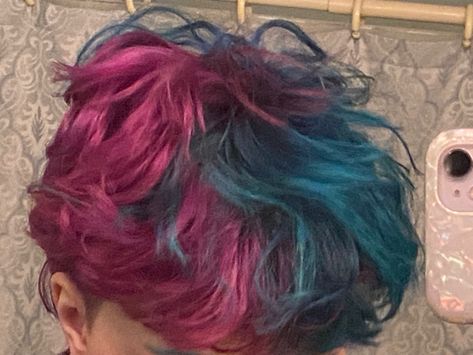 Pink And Blue Half And Half Hair, Pink And Purple Split Dye Short Hair, Red And Purple Split Dye, Blue And Magenta Hair, Split Dyed Hair Pink And Purple, Pink And Blue Hair Short, Pink And Blue Split Dye Hair, Blue And Pink Split Dye, Hairdye Inspo Short Hair