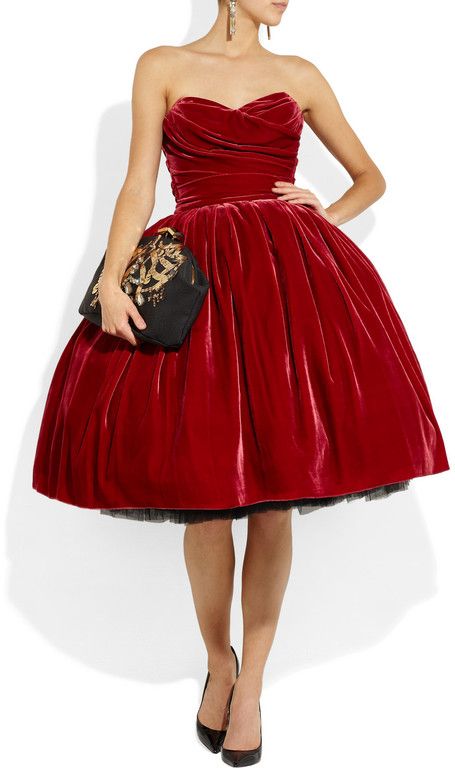 Dolce & Gabbana Strapless Velvet Dress in Red (bordeaux) Strapless Velvet Dress, Glamour Ghoul, Sadie Hawkins, Fashion Silhouette, Radiant Red, Red Velvet Dress, Red Gowns, Holiday Wear, Red Dresses