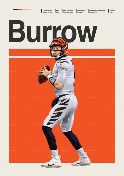 Joe Burrow poster featuring a mid century modern design style. The high-quality print showcases a beautiful digital drawing of Joe Burrow . Perfect for any Cincinnati Bengals fan looking to add some flair to their living space. Superbowl Poster, Sports Design Ideas, Digital Advertising Design, Sport Magazine, Sports Posters, Football Photography, Football Illustration, Sports Magazine, Sports Design Inspiration