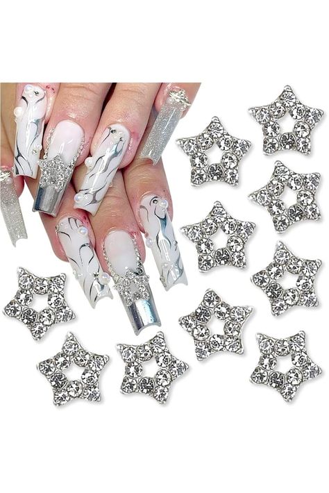 10pcs Crystal Alloy Star Nail Charms Rhinestones for Nails, 3D Stars Nail Art Charms Nail Gems Nail Rhinestones Silver Star Charms Nail Jewels for Nail Art Charm Women Nail Accessories Nail Supplies Stars Nail Art, Golden Nail Art, Nails Boho, Planet Nails, 3d Stars, Charm Nail, Nail Gems, Star Nail, Golden Nails